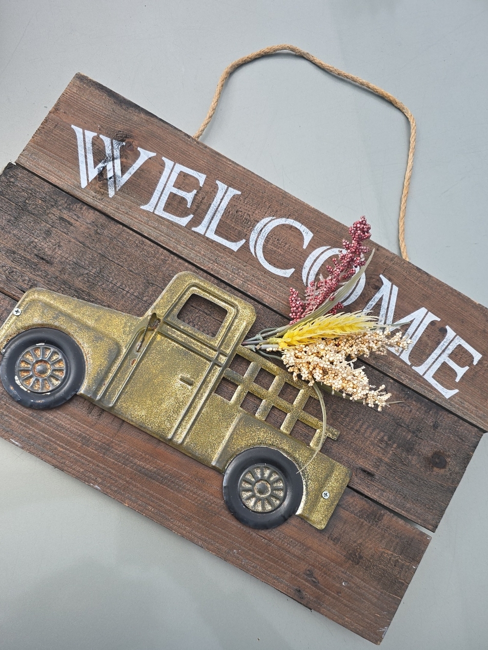 Welcome Rustic Tin Truck Wall Decor Hanging Wooden Sign Flowers Fall